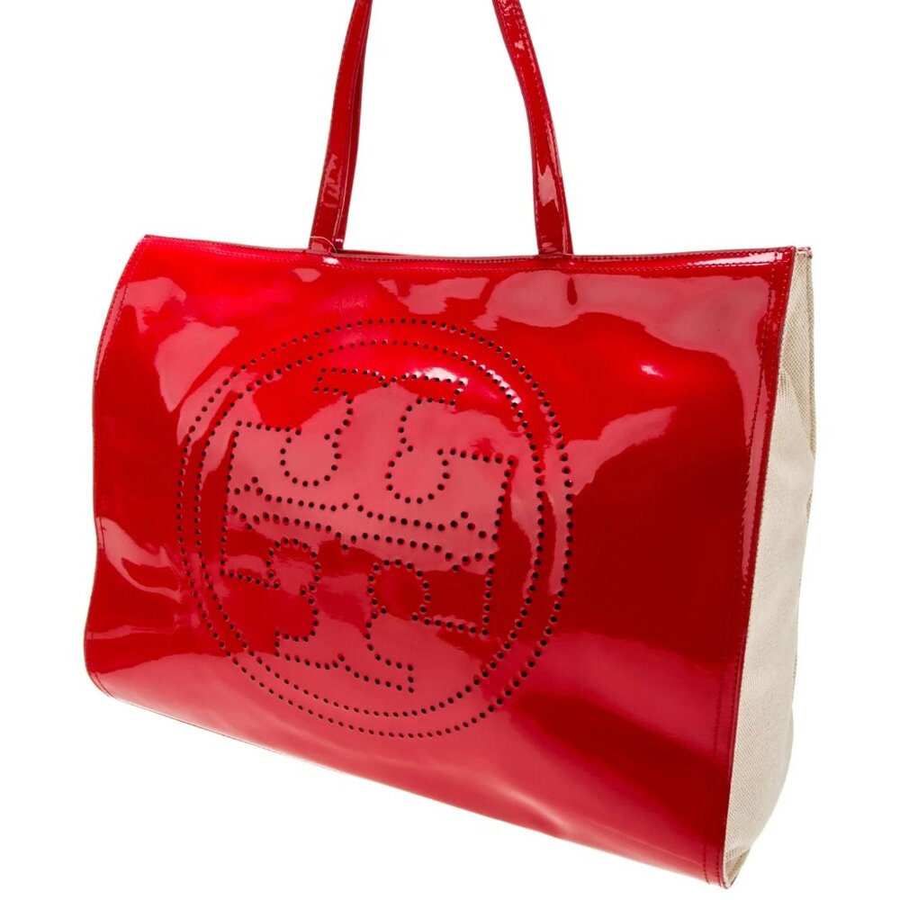Tory Burch Ella Red Patent Leather Canvas Monogram Large Bag Tote Gold MINT - Picture 7 of 13